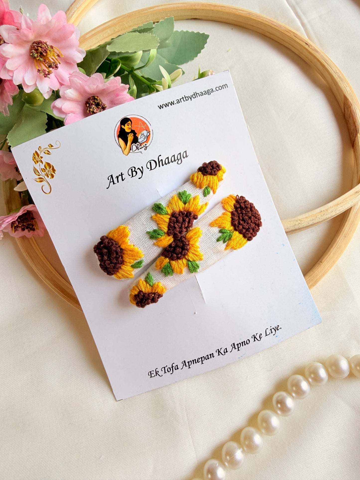 Sunflower Hand Embroidered White Floral Tic-Tac Hair Clips