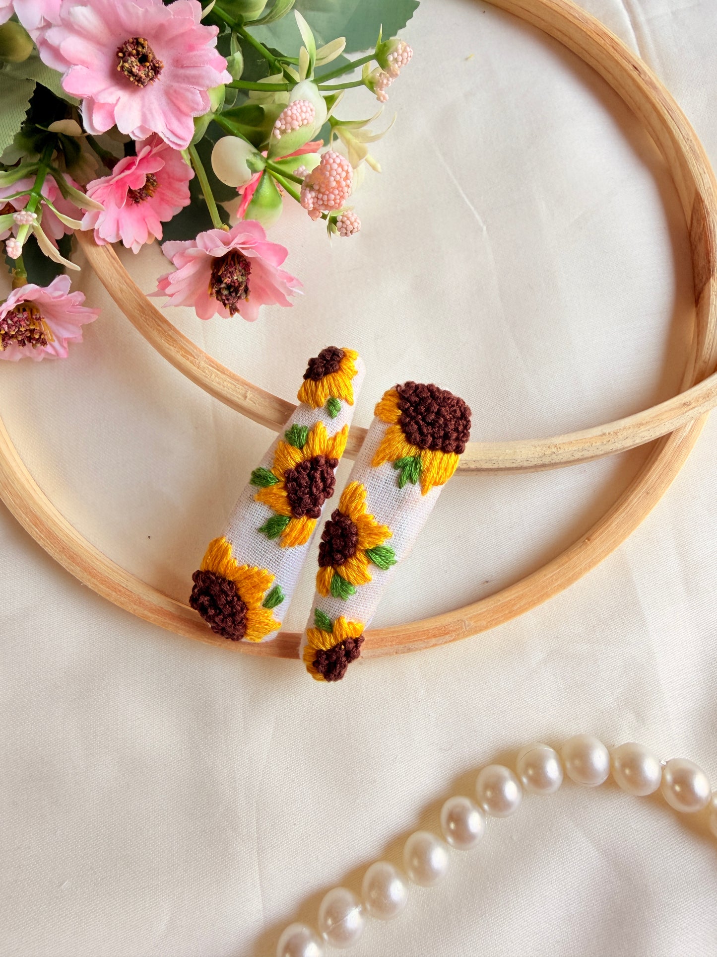 Sunflower Hand Embroidered White Floral Tic-Tac Hair Clips