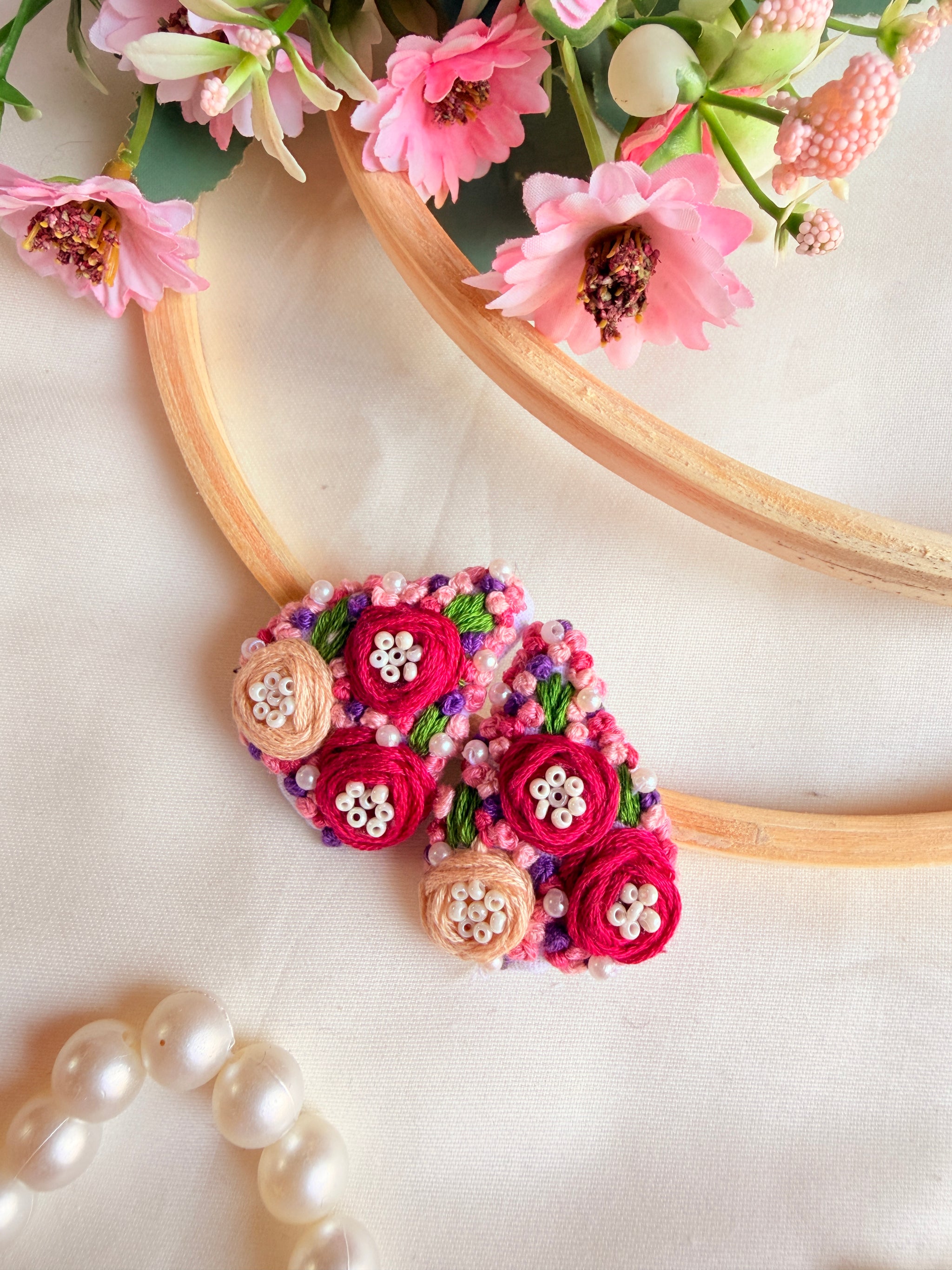 Heart Beat Hand Embroidered Floral Tic-Tac Hair Clips