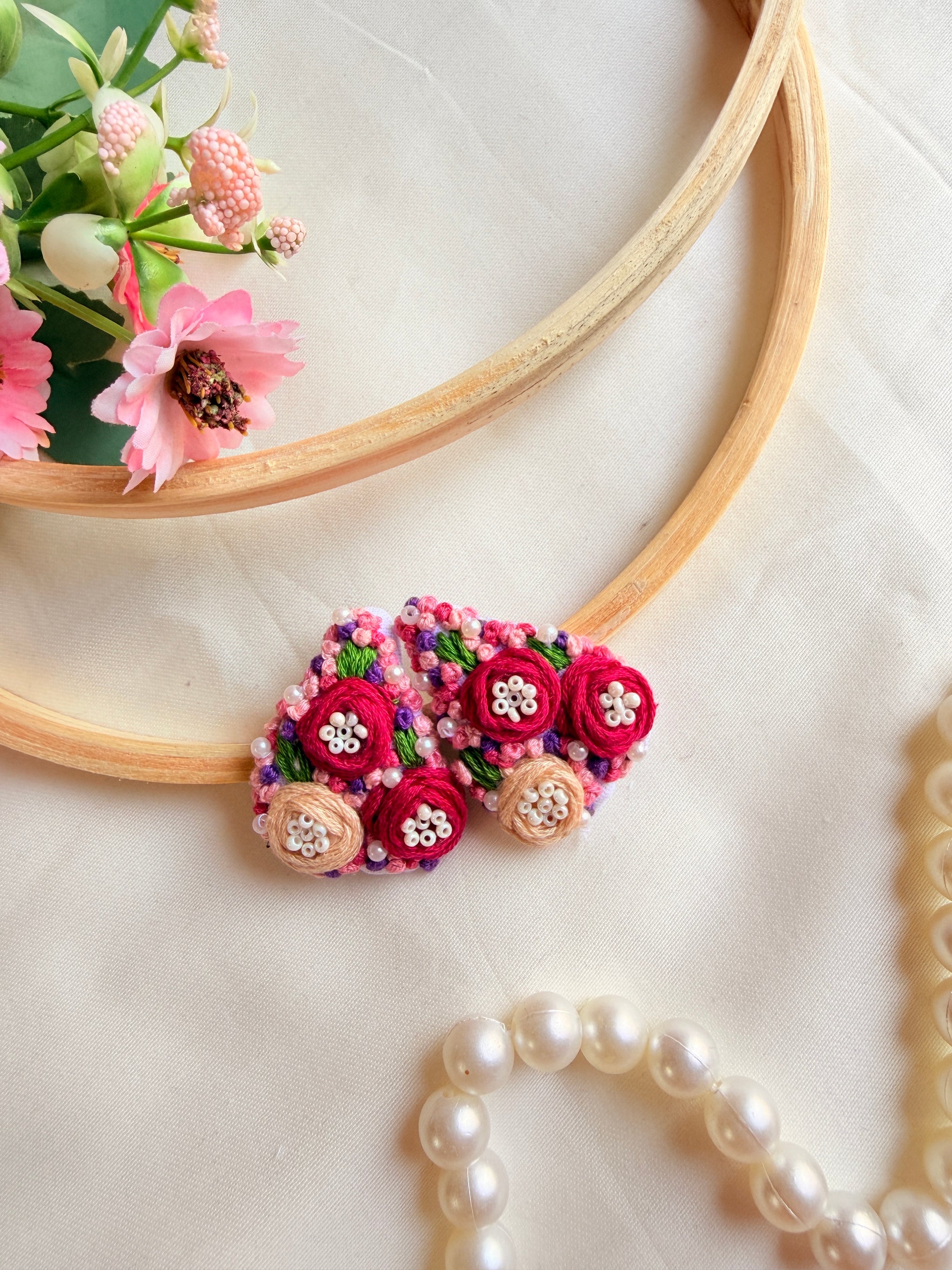 Heart Beat Hand Embroidered Floral Tic-Tac Hair Clips