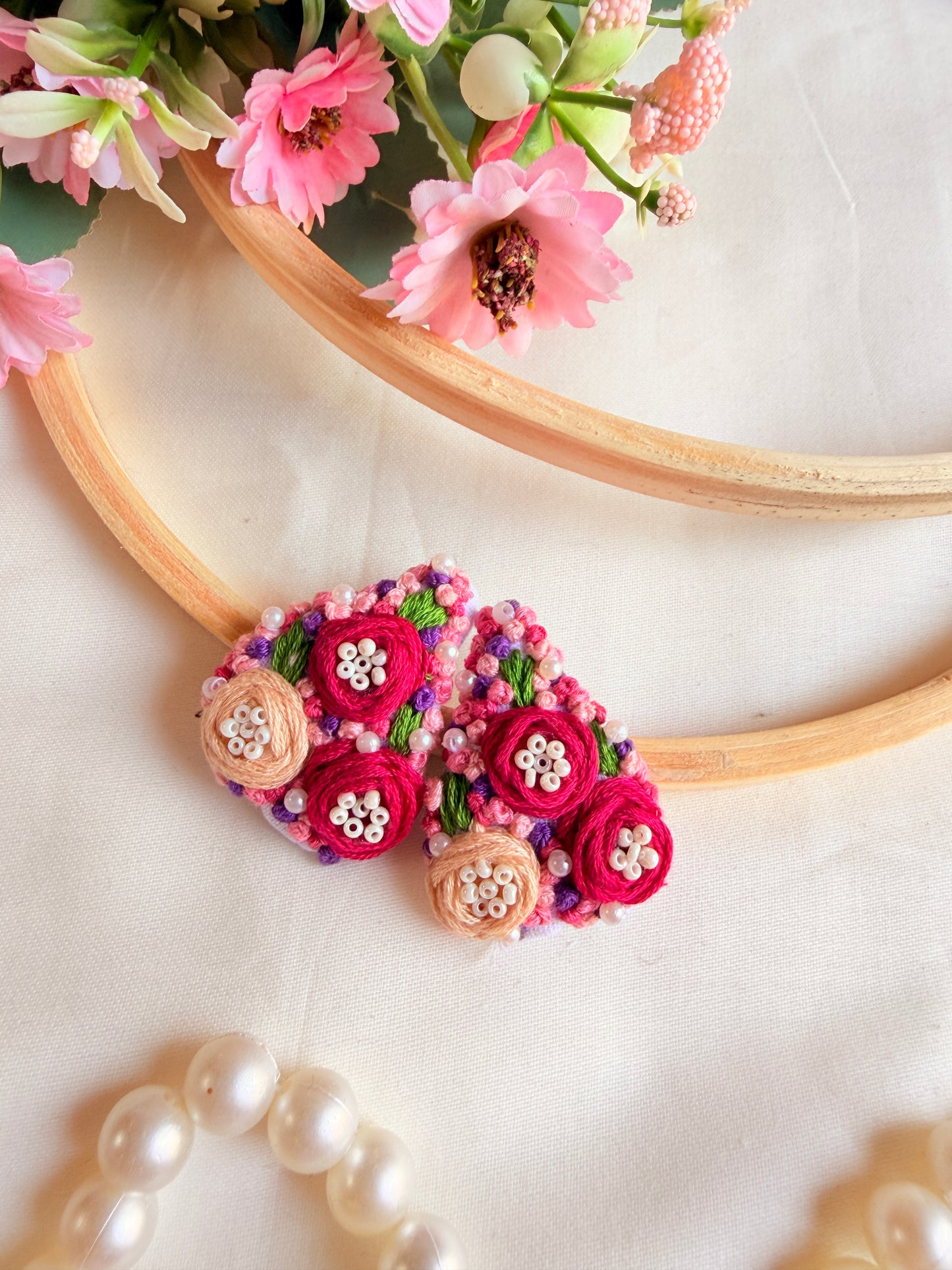Heart Beat Hand Embroidered Floral Tic-Tac Hair Clips