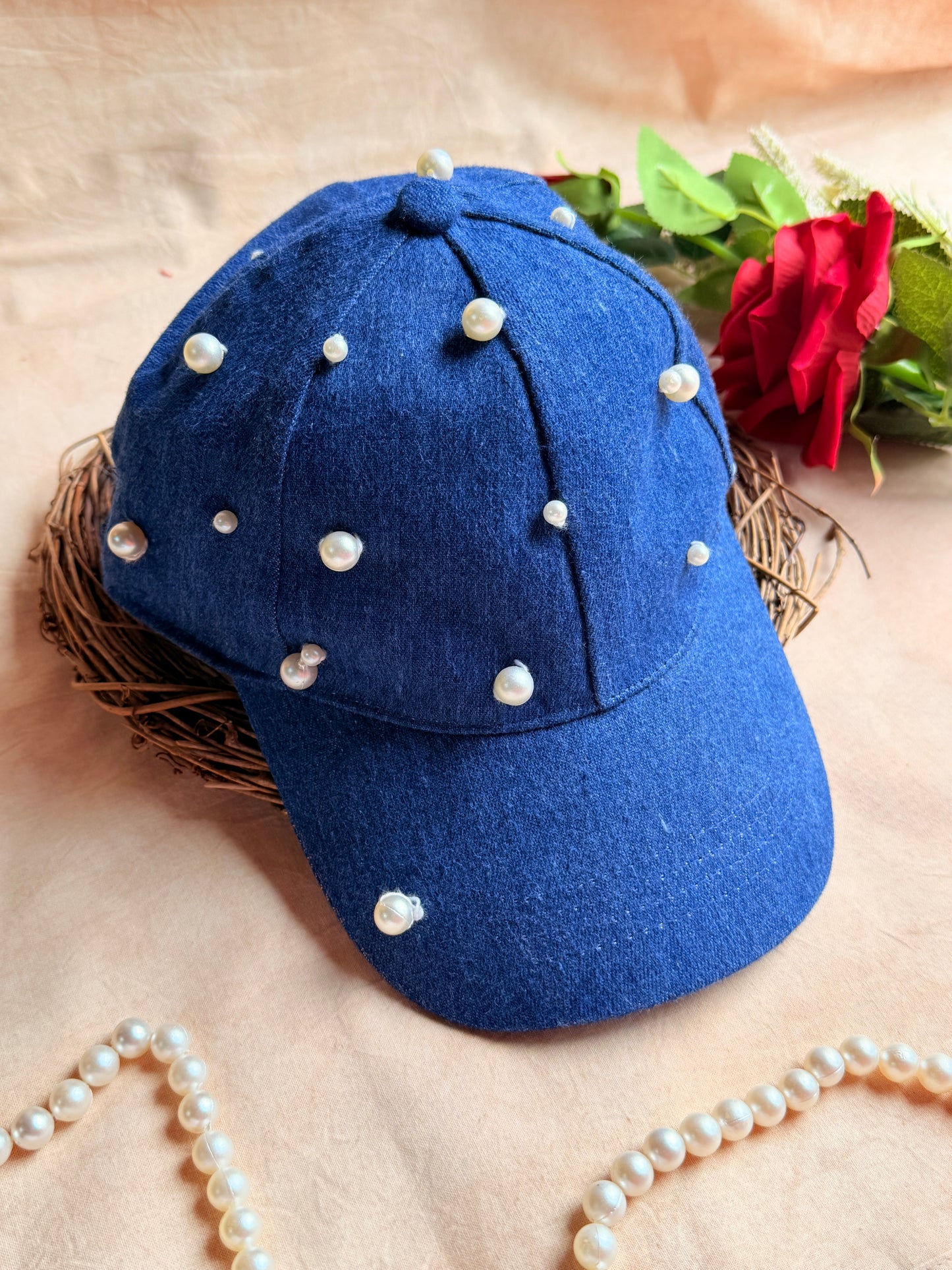 Denim Pearl Embellished Cap