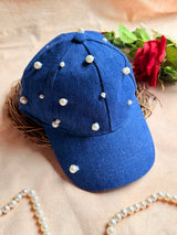 Denim Pearl Embellished Cap