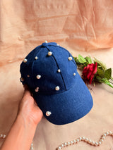 Denim Pearl Embellished Cap