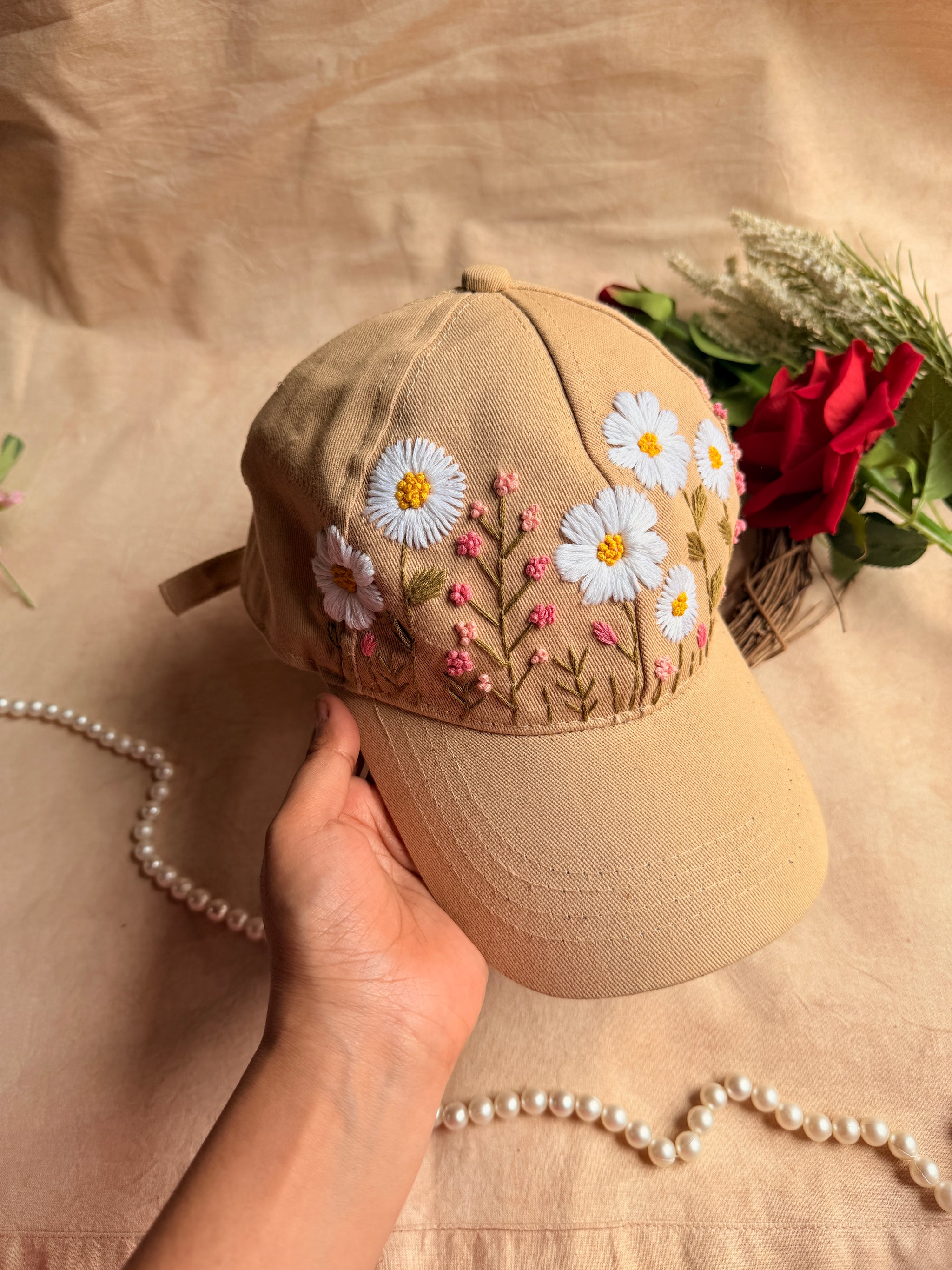 Sand Daisy Hand Embroidered Cap