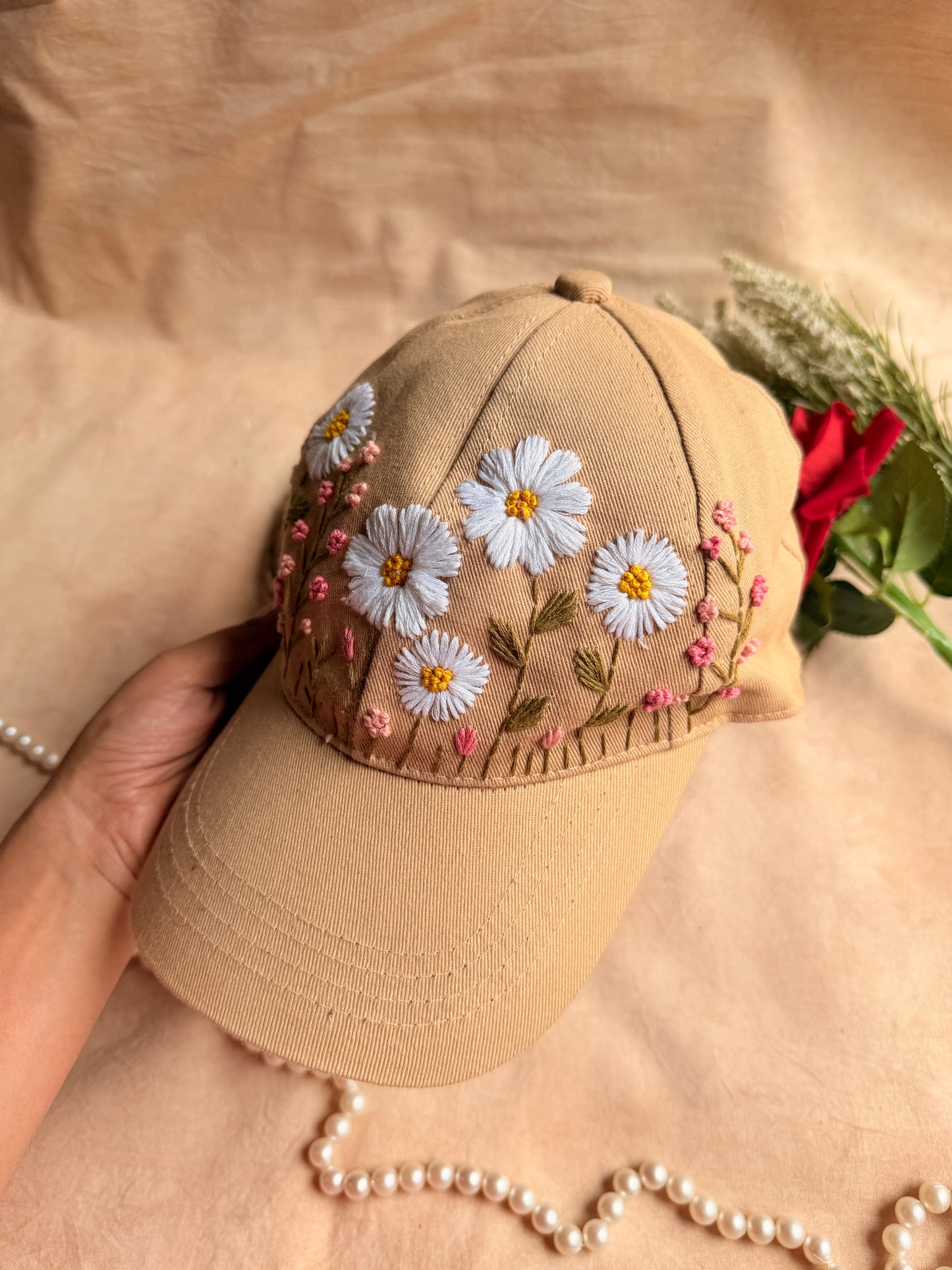 Sand Daisy Hand Embroidered Cap
