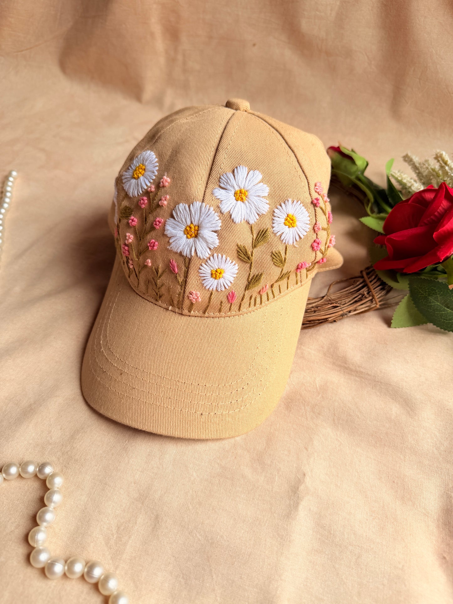 Sand Daisy Hand Embroidered Cap