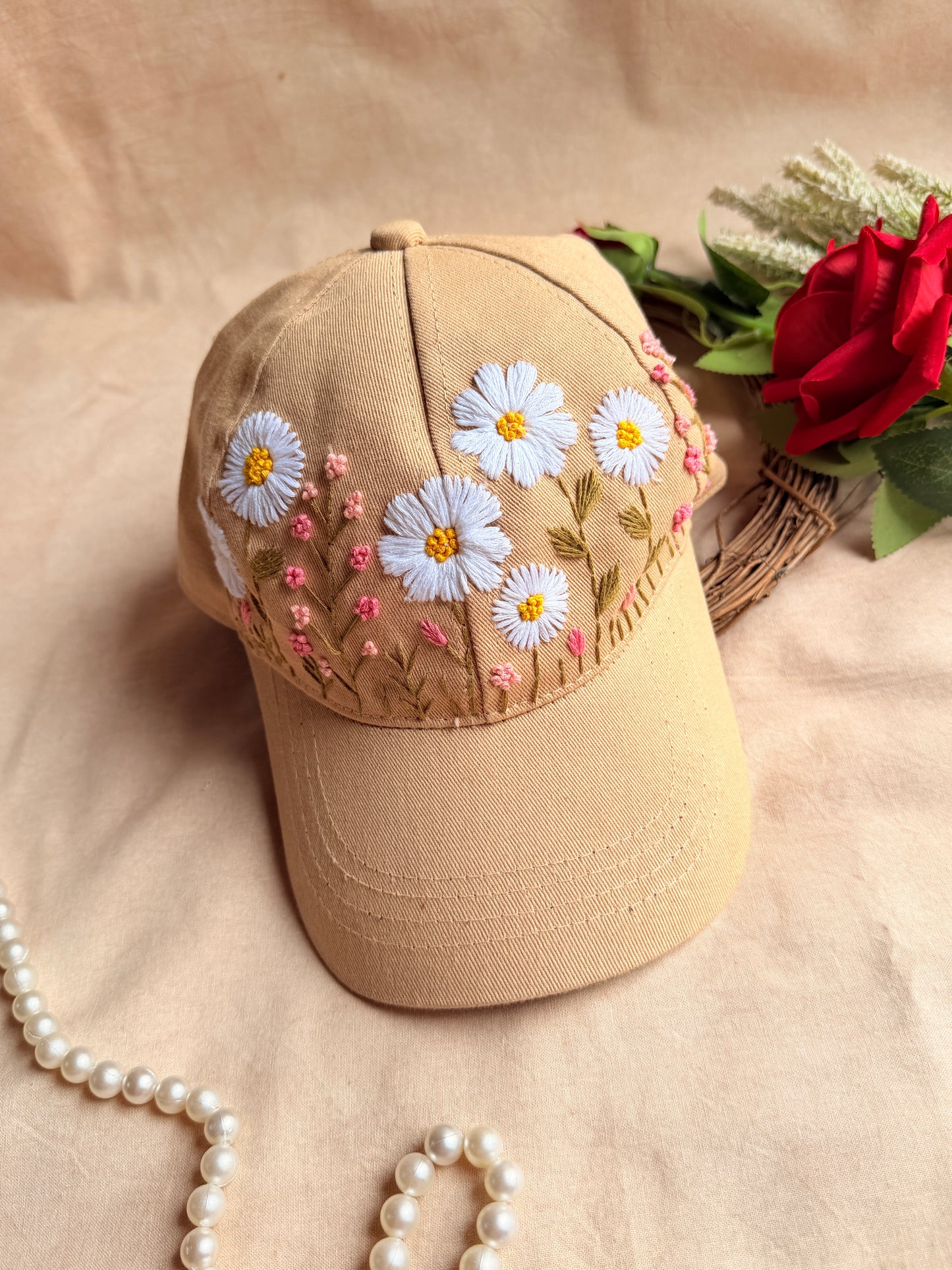 Sand Daisy Hand Embroidered Cap