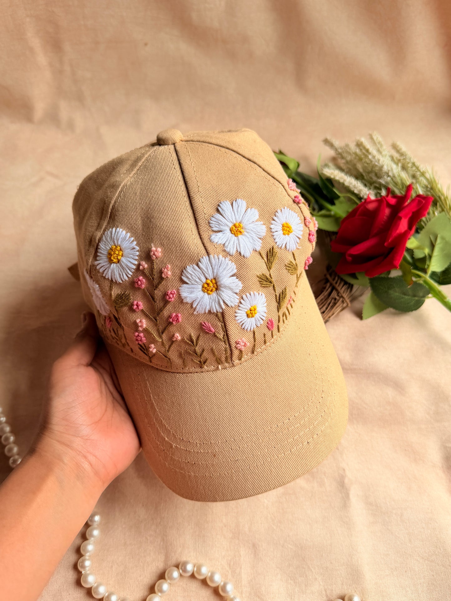 Sand Daisy Hand Embroidered Cap