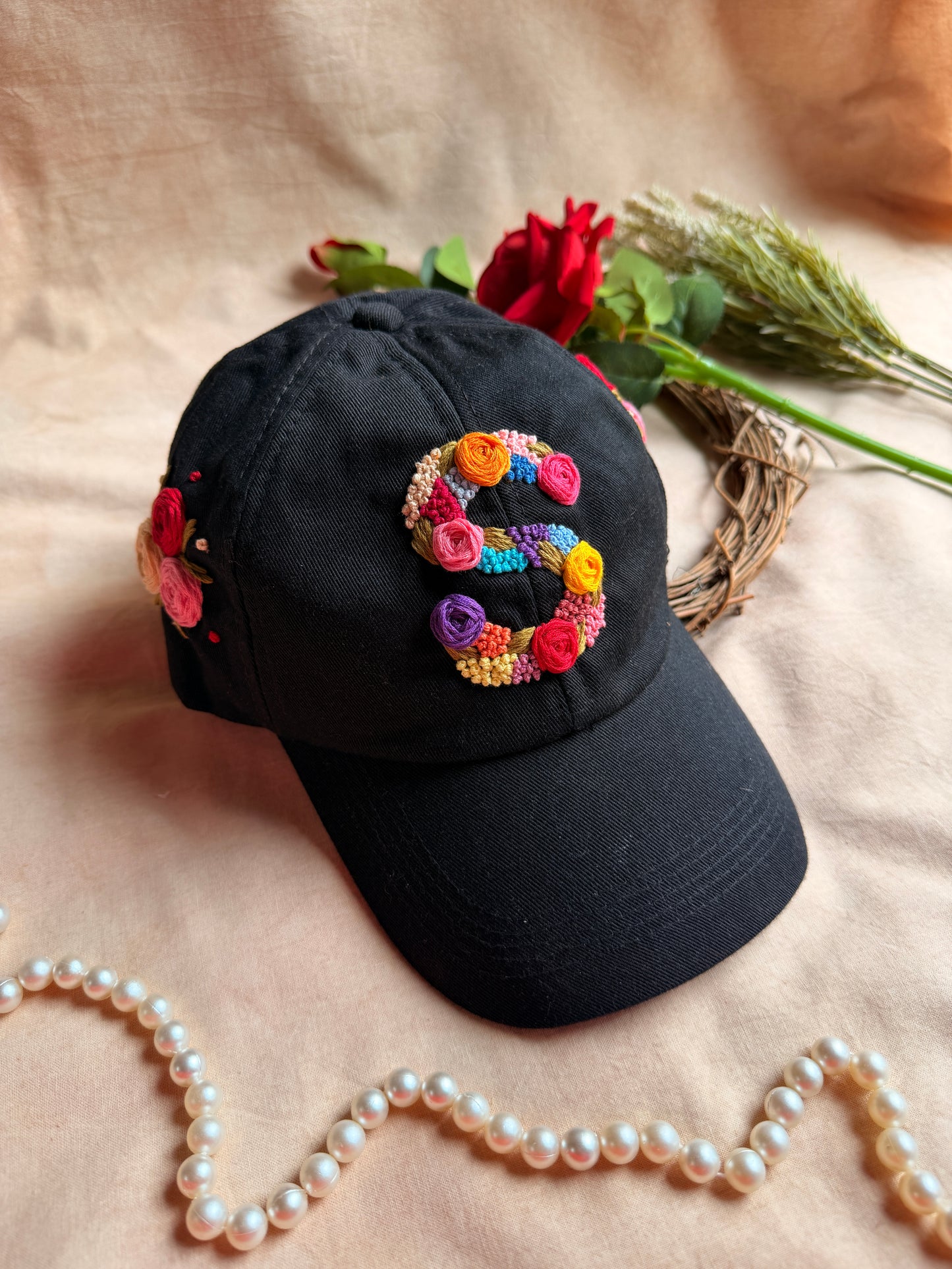 Personalised Floral Initial Hand Embroidered Cap
