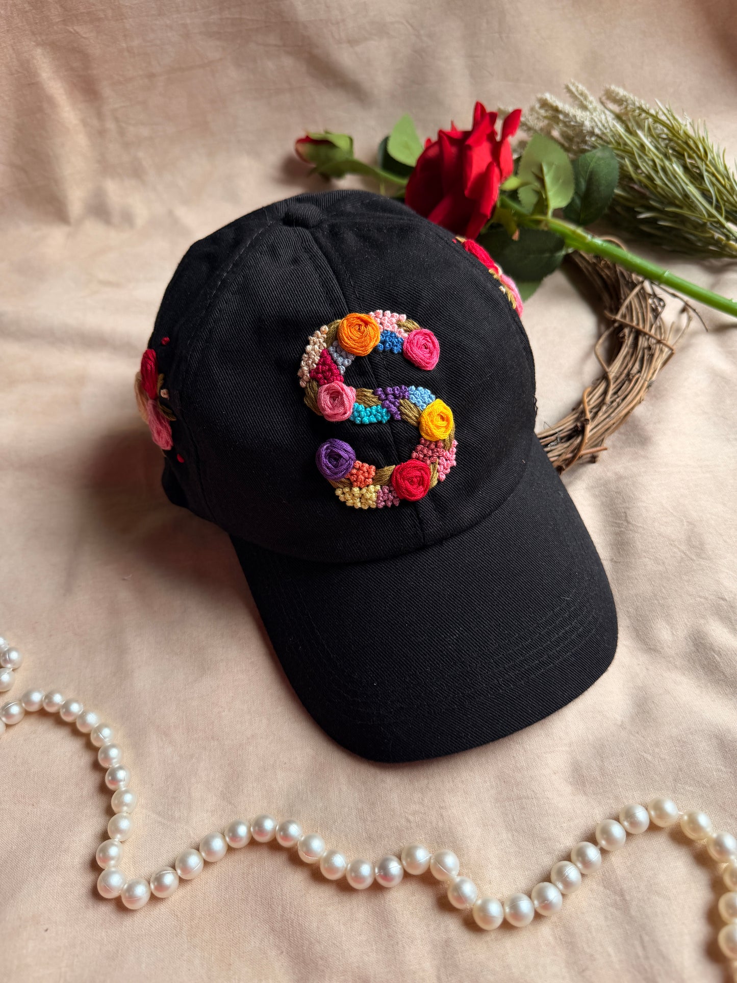 Personalised Floral Initial Hand Embroidered Cap