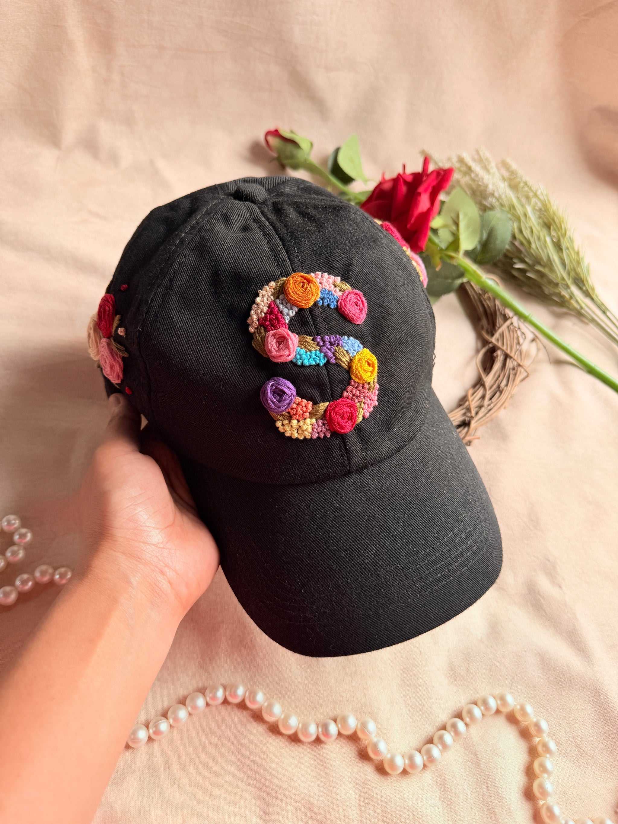 Personalised Floral Initial Hand Embroidered Cap