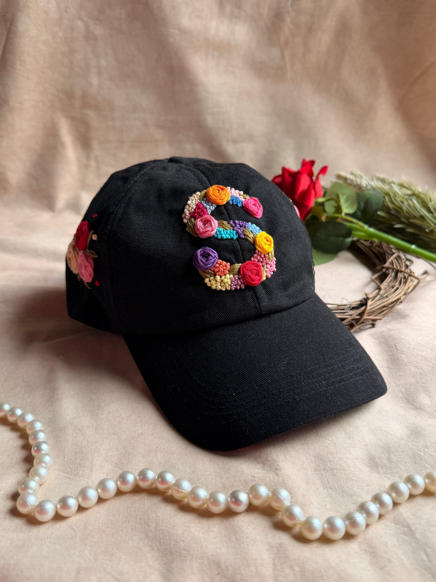 Personalised Floral Initial Hand Embroidered Cap