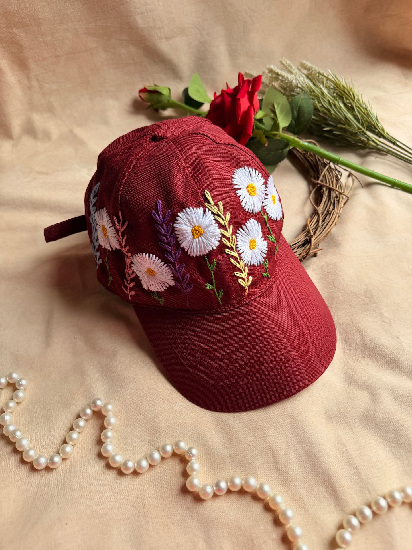Crimson Daisy Hand Embroidered Cap