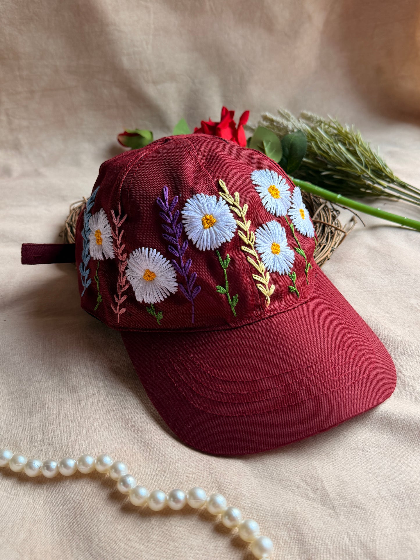 Crimson Daisy Hand Embroidered Cap