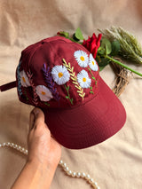 Crimson Daisy Hand Embroidered Cap