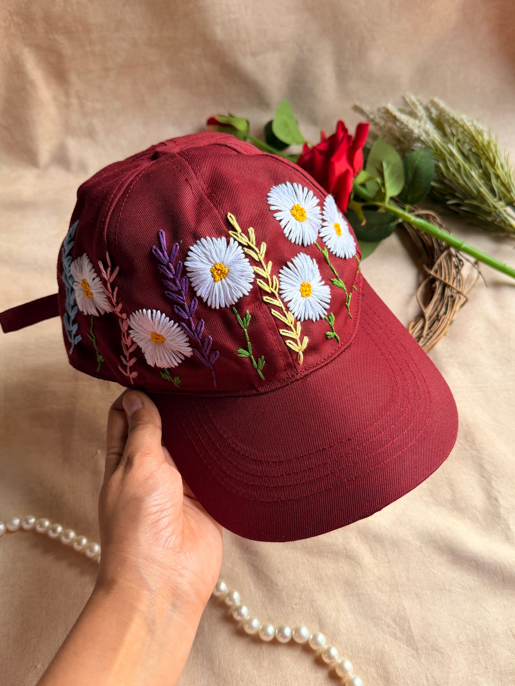 Crimson Daisy Hand Embroidered Cap