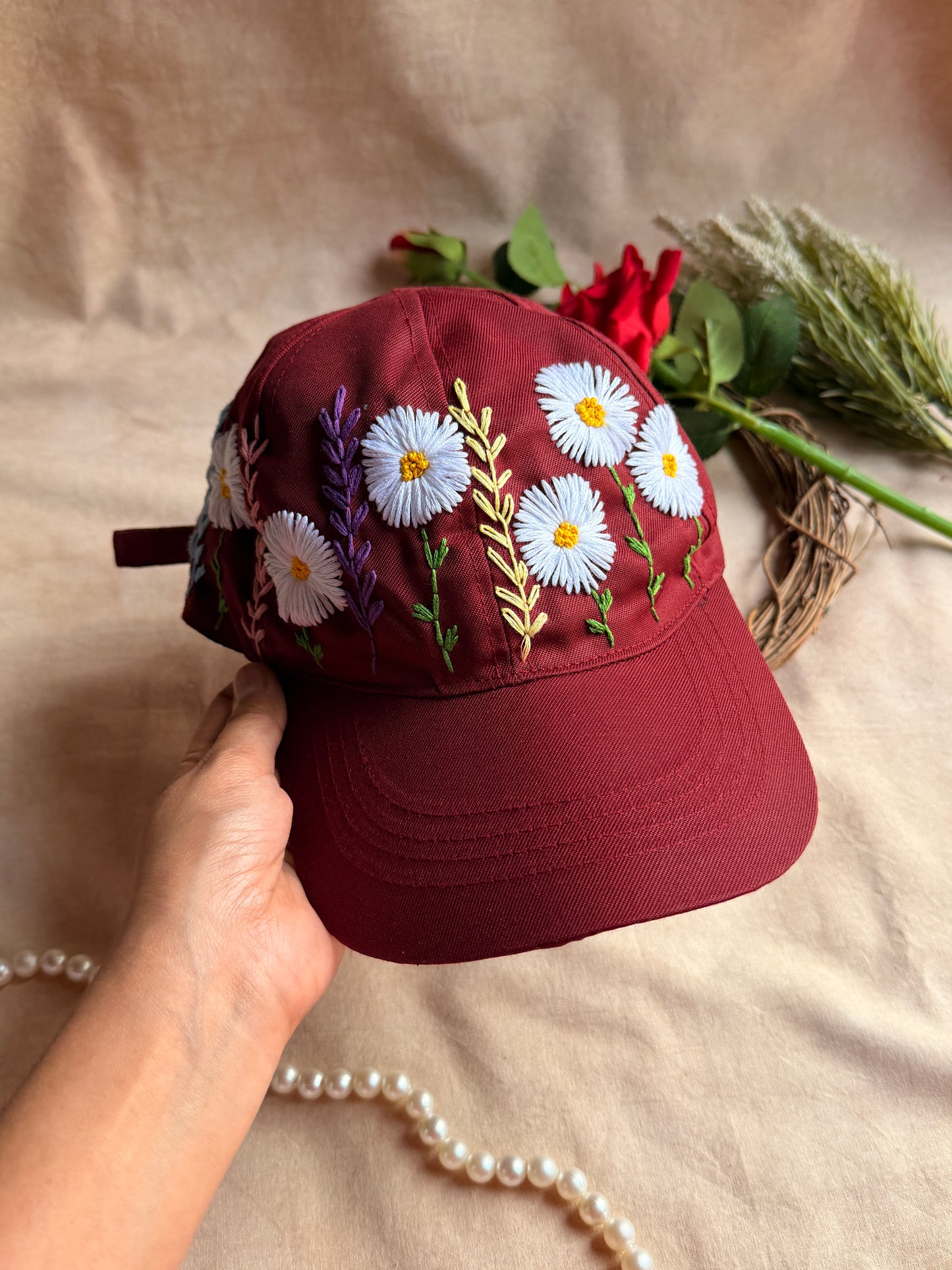 Crimson Daisy Hand Embroidered Cap