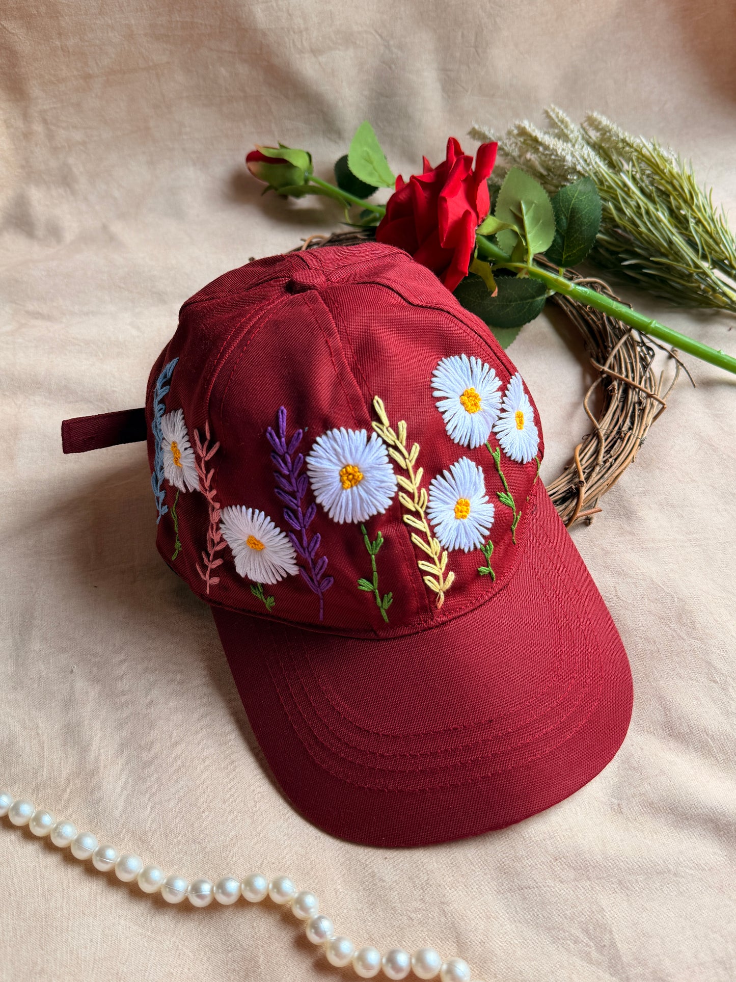 Crimson Daisy Hand Embroidered Cap