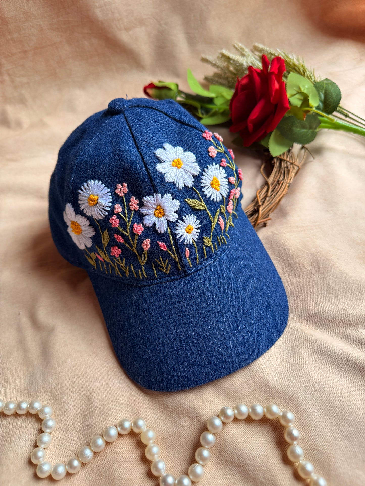 Daisy Meadow Hand Embroidered Cap
