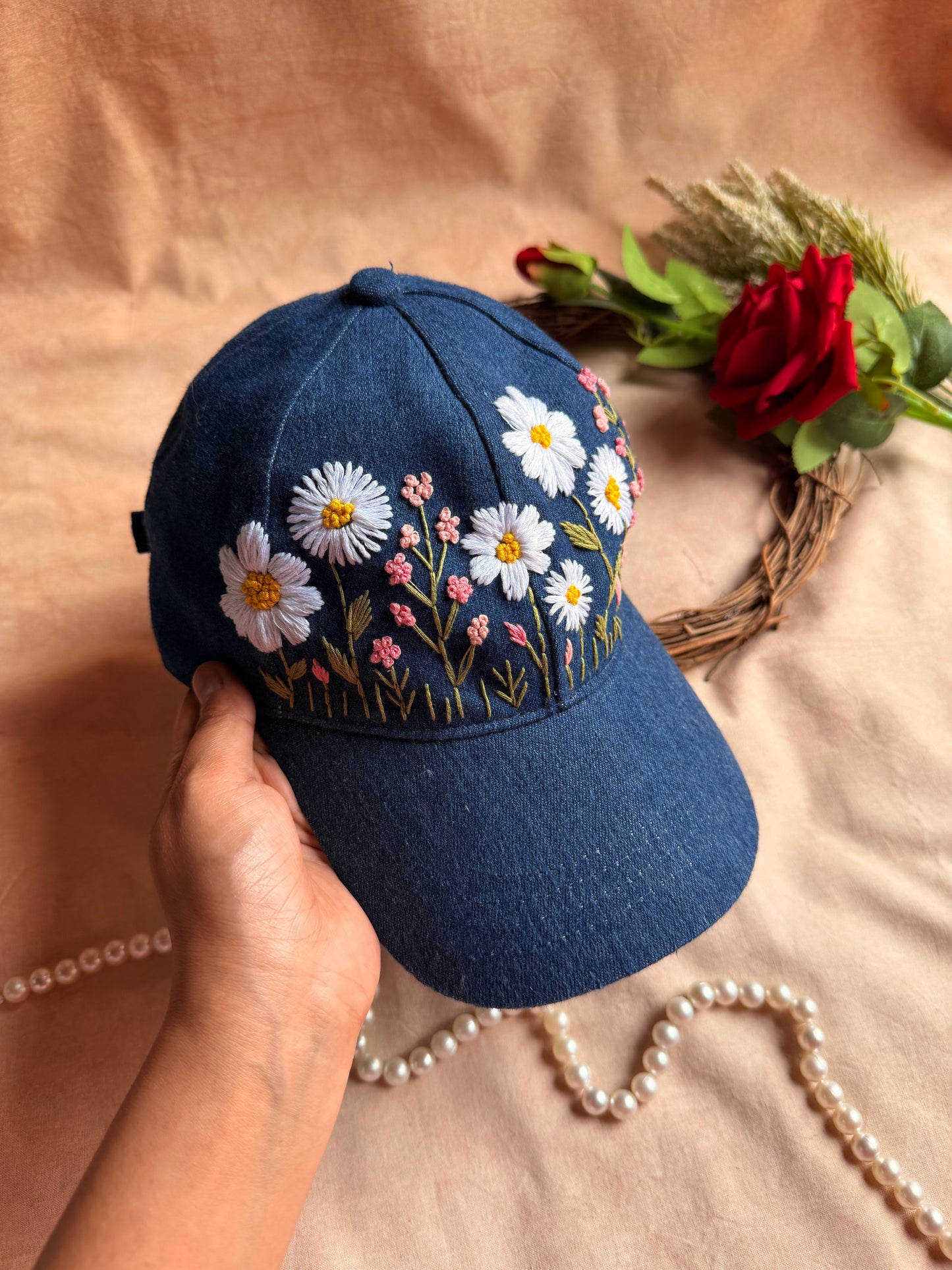 Daisy Meadow Hand Embroidered Cap