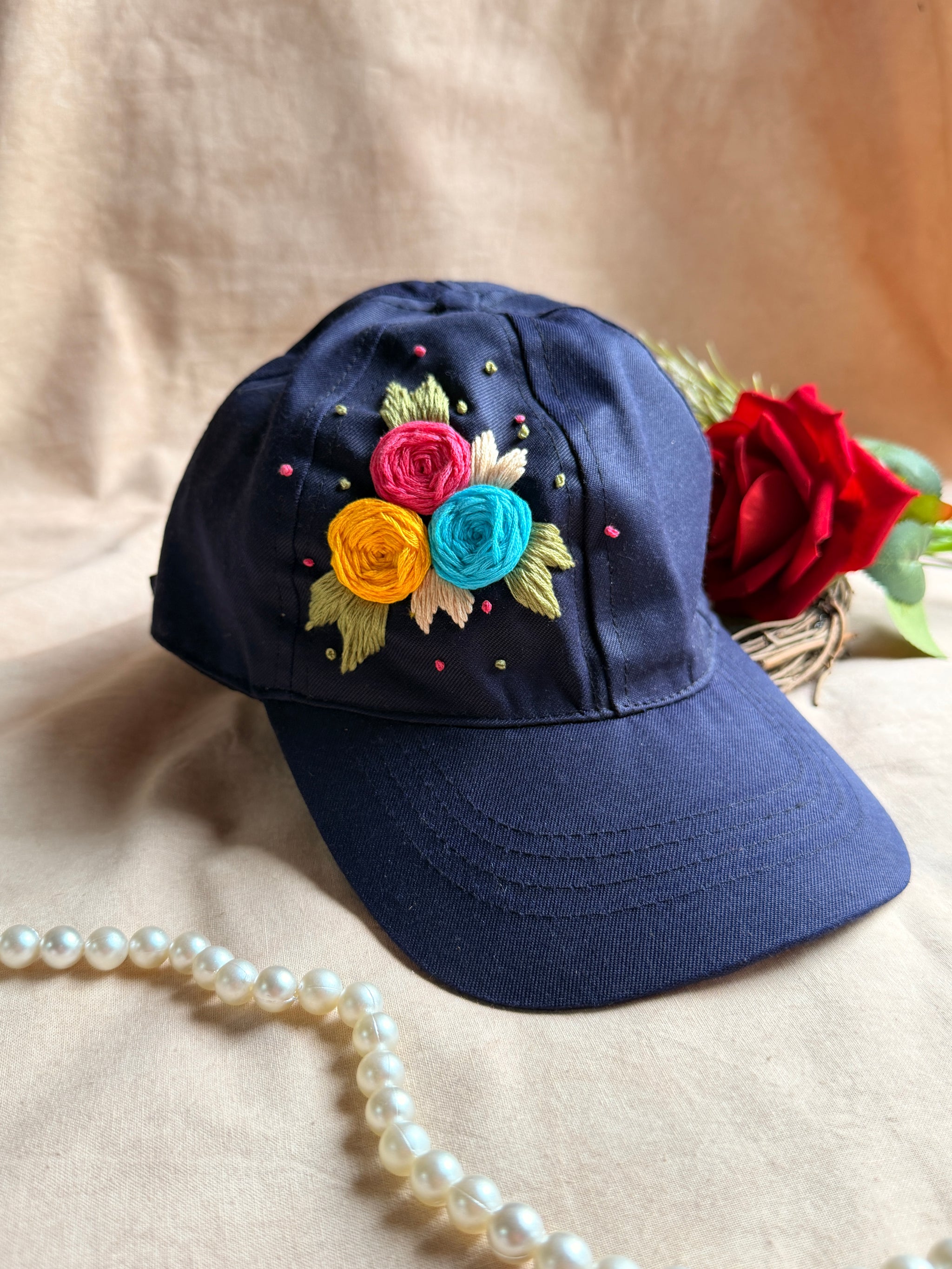 Midnight Bloom Hand Embroidered Cap