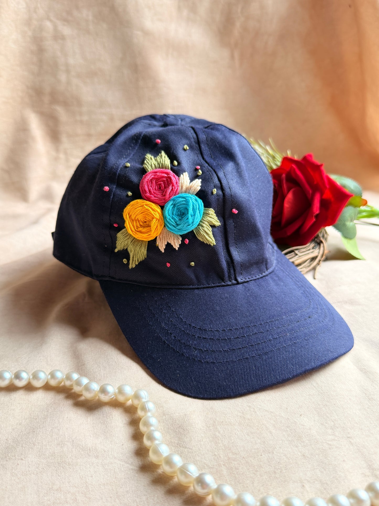 Midnight Bloom Hand Embroidered Cap