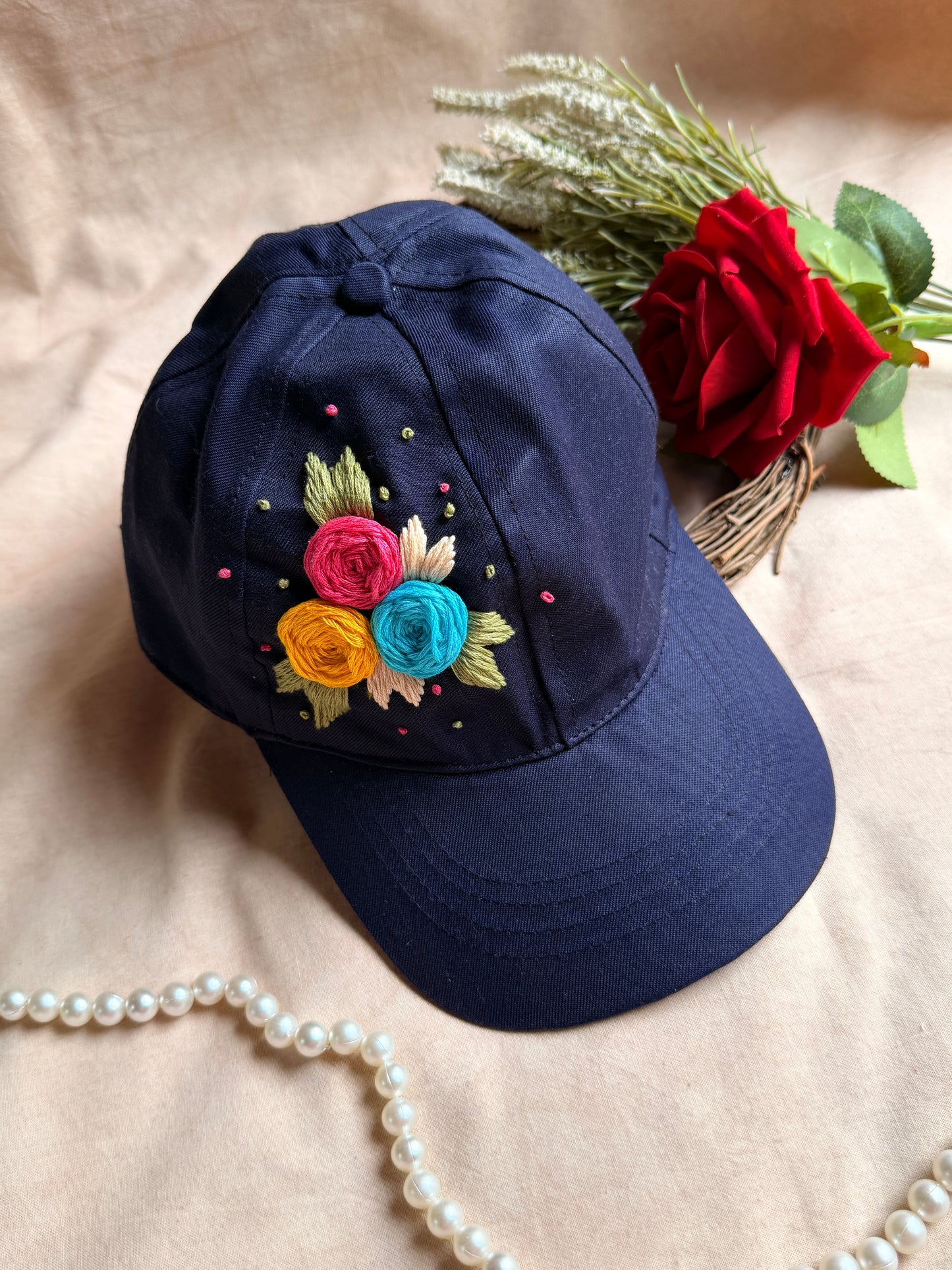 Midnight Bloom Hand Embroidered Cap