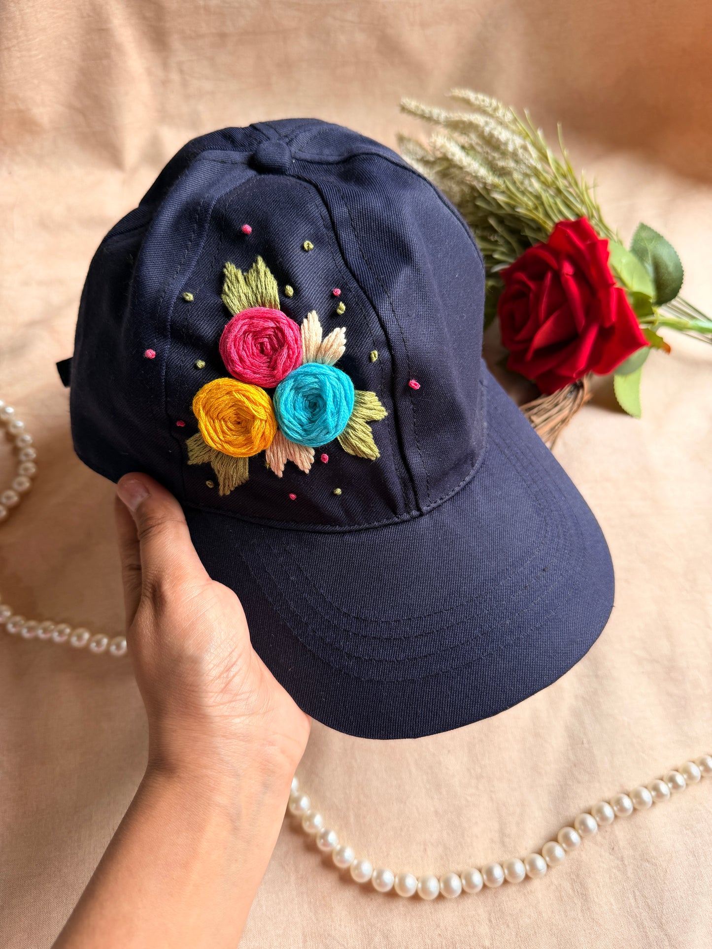 Midnight Bloom Hand Embroidered Cap