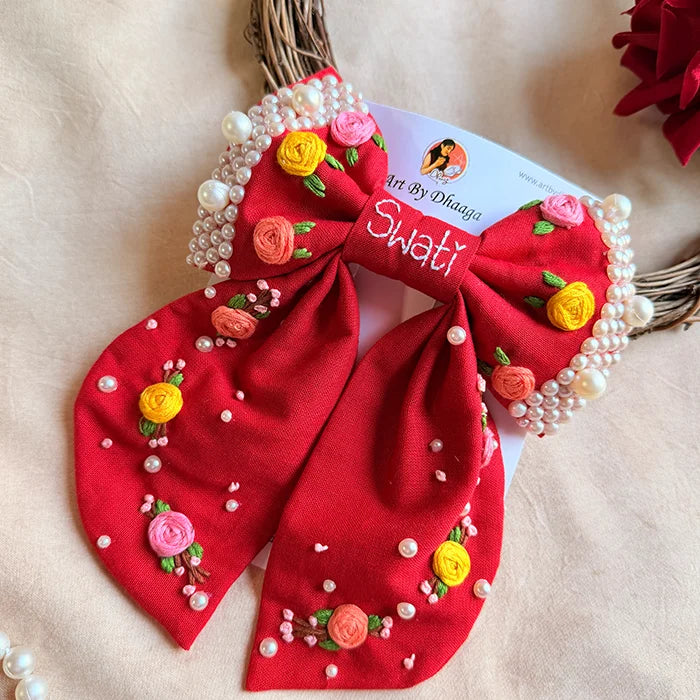 Gulnaar Red Personalized Hand Embroidered Floral Bow
