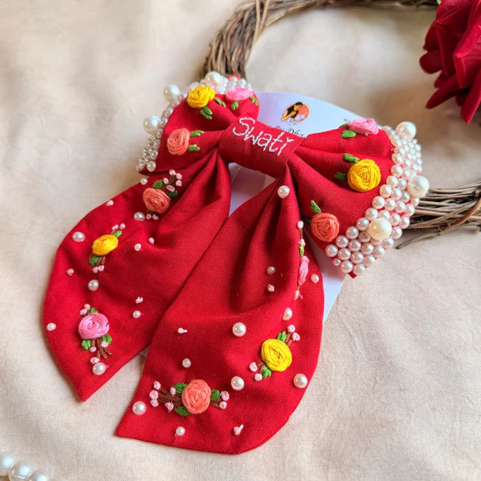 Gulnaar Red Personalized Hand Embroidered Floral Bow