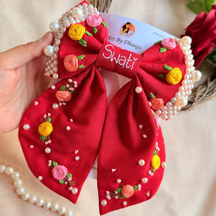 Gulnaar Red Personalized Hand Embroidered Floral Bow