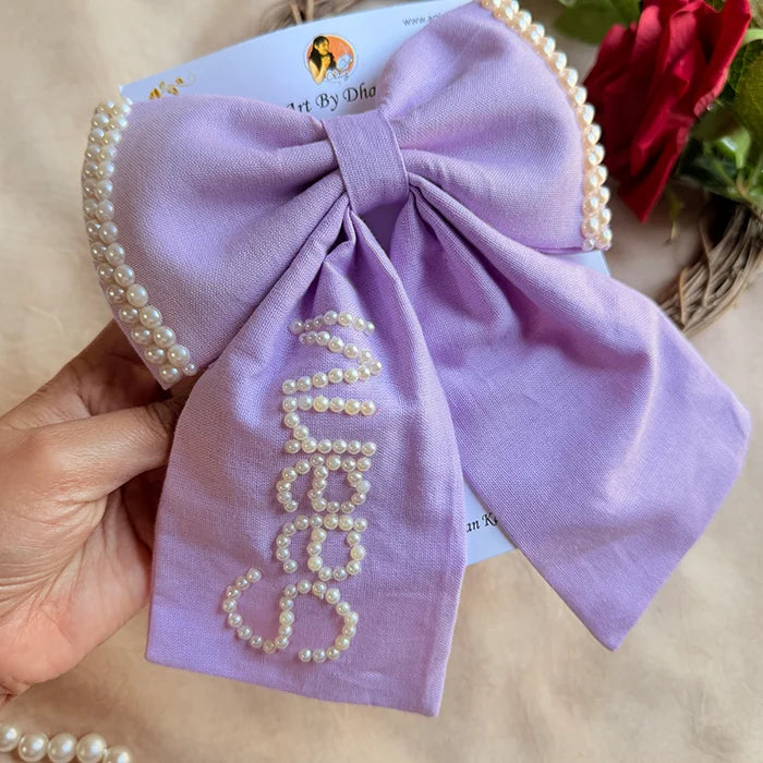 Personalized Pearl Name Lavender Bow Hair Clip