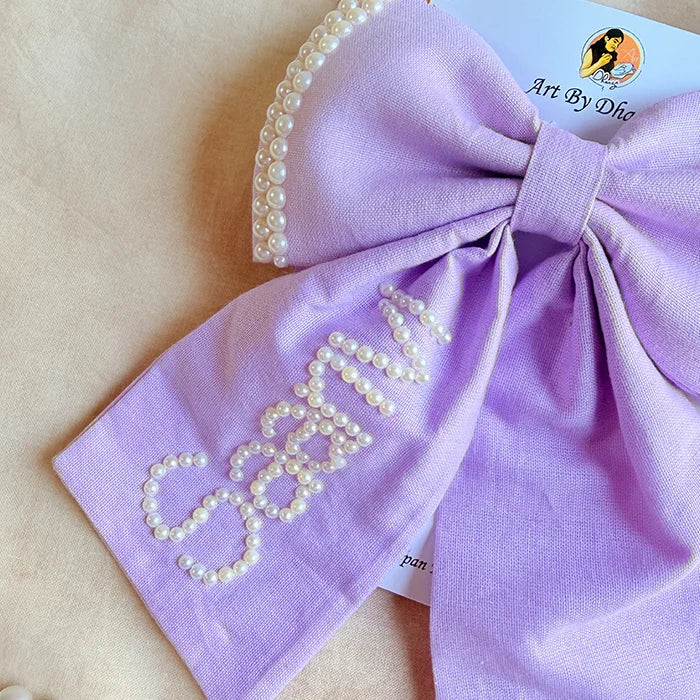 Personalized Pearl Name Lavender Bow Hair Clip