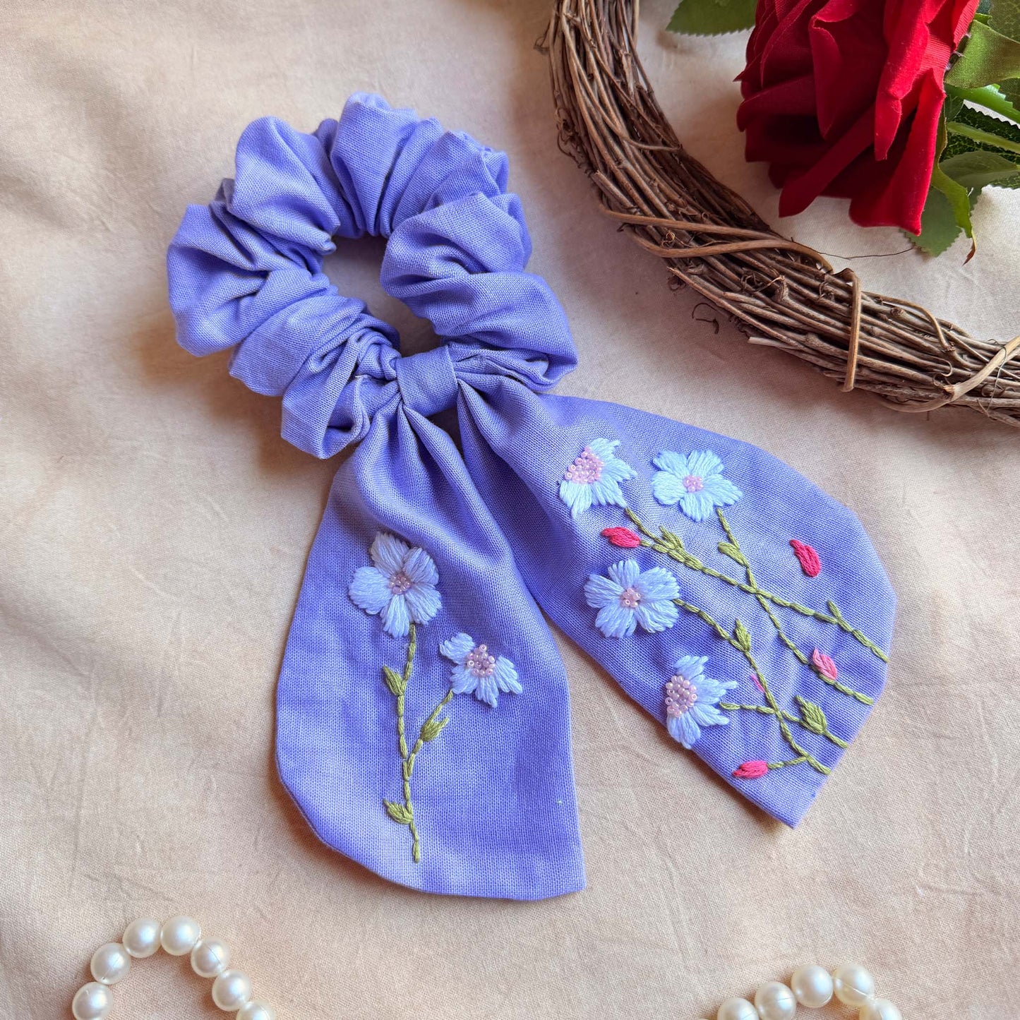 Blue Berry Garden Embroidered Scrunchie Bow