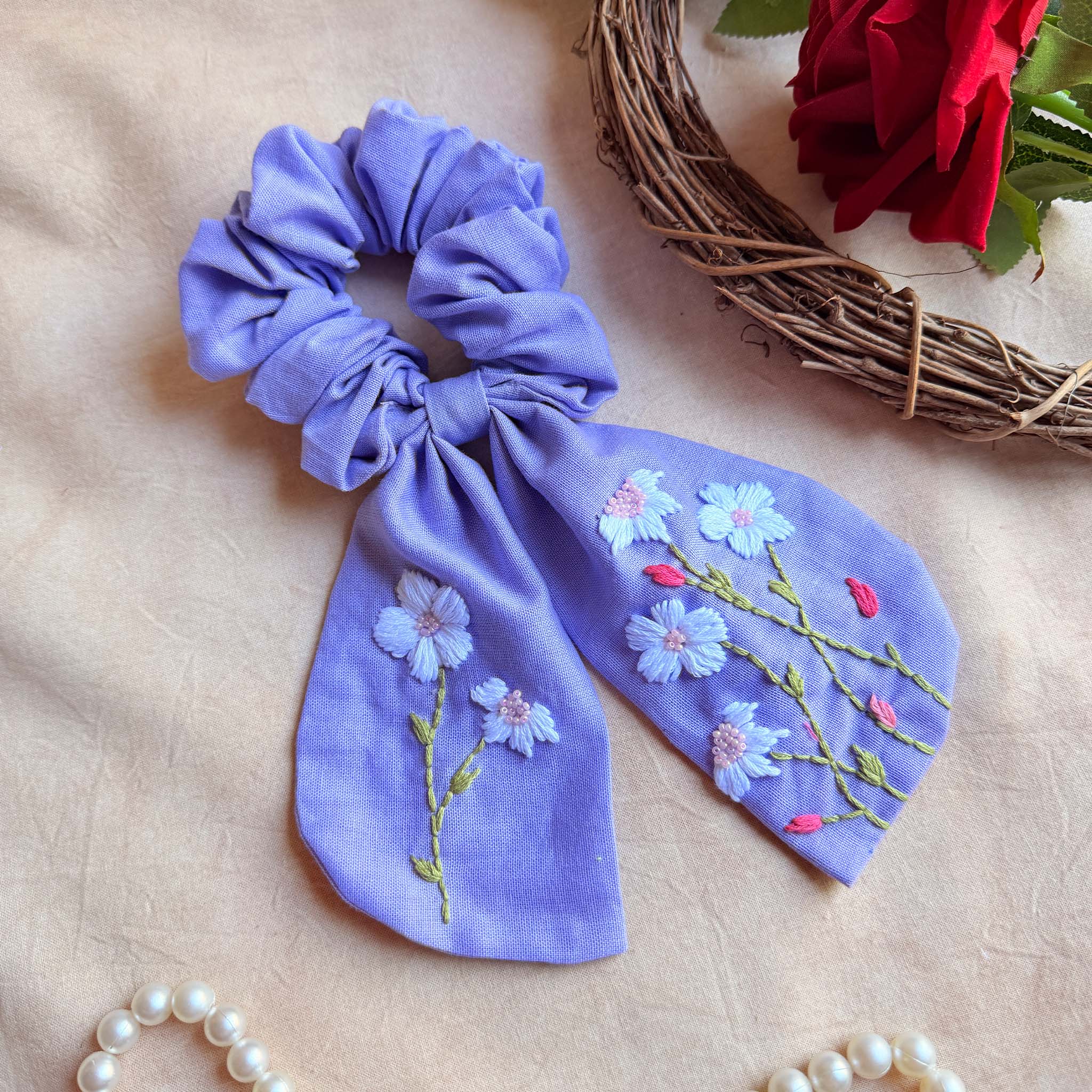Blue Berry Garden Embroidered Scrunchie Bow