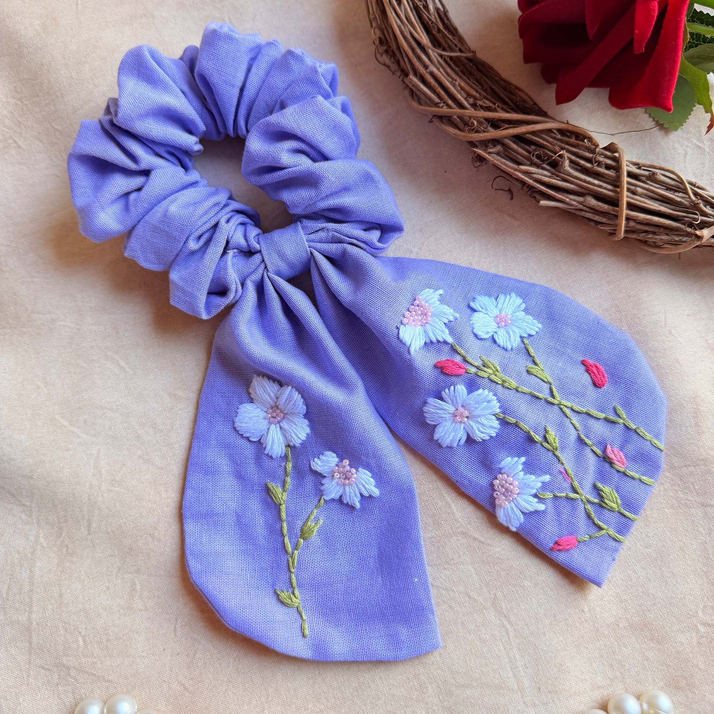 Blue Berry Garden Embroidered Scrunchie Bow