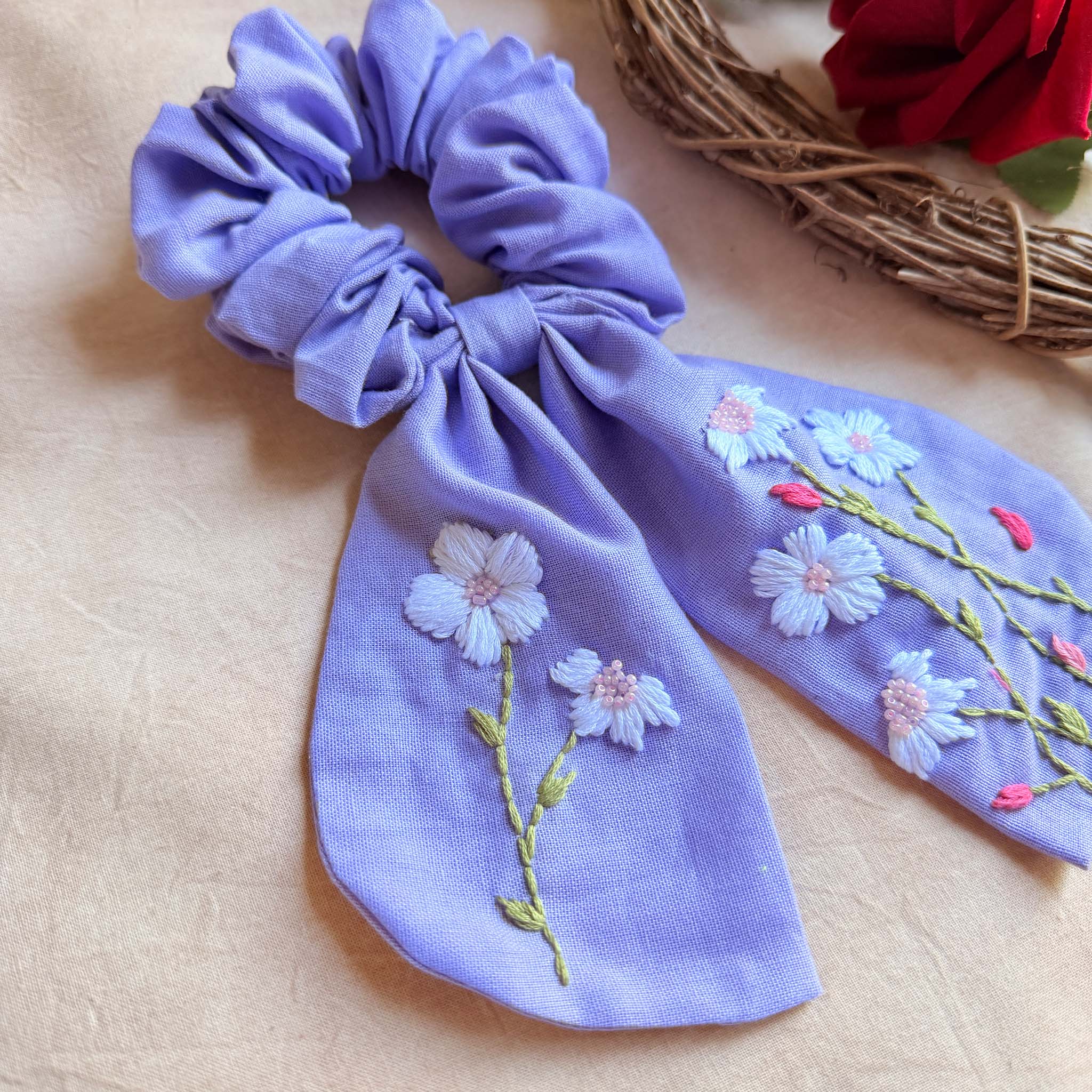 Blue Berry Garden Embroidered Scrunchie Bow