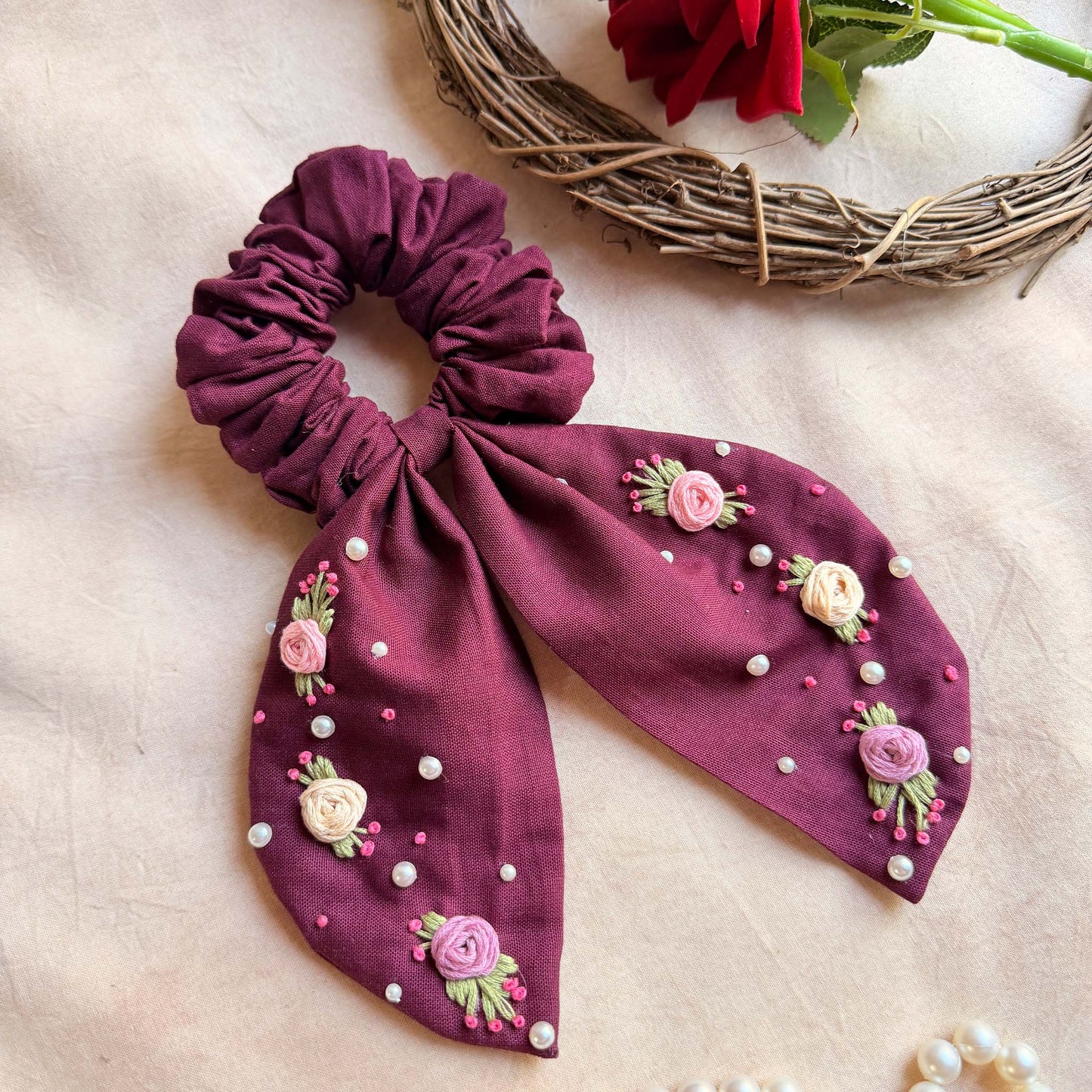 Wine Bloom Embroidered Pearl Scrunchie Bow