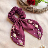 Wine Bloom Embroidered Pearl Scrunchie Bow