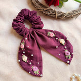 Wine Bloom Embroidered Pearl Scrunchie Bow
