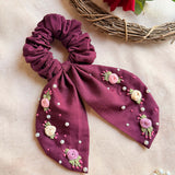 Wine Bloom Embroidered Pearl Scrunchie Bow