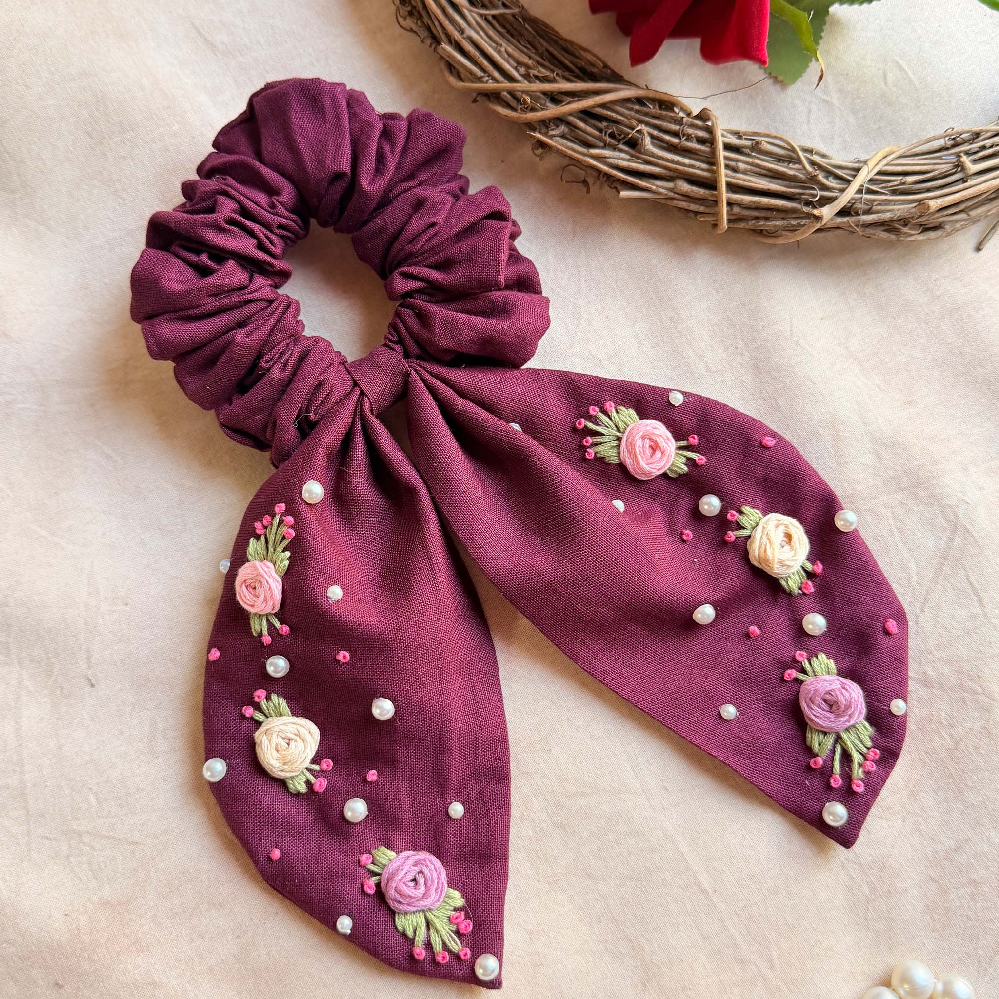 Wine Bloom Embroidered Pearl Scrunchie Bow