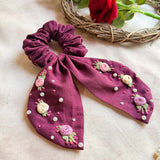 Wine Bloom Embroidered Pearl Scrunchie Bow