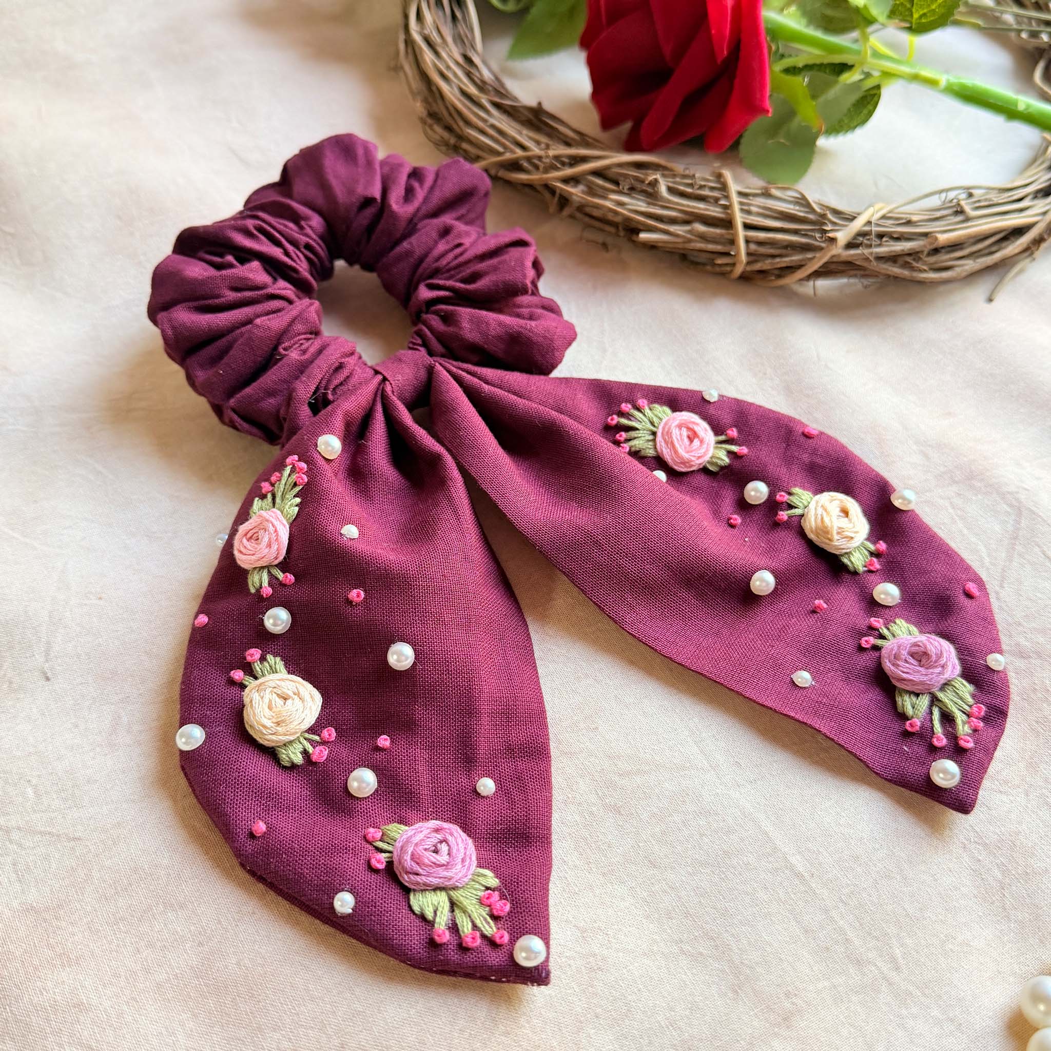 Wine Bloom Embroidered Pearl Scrunchie Bow