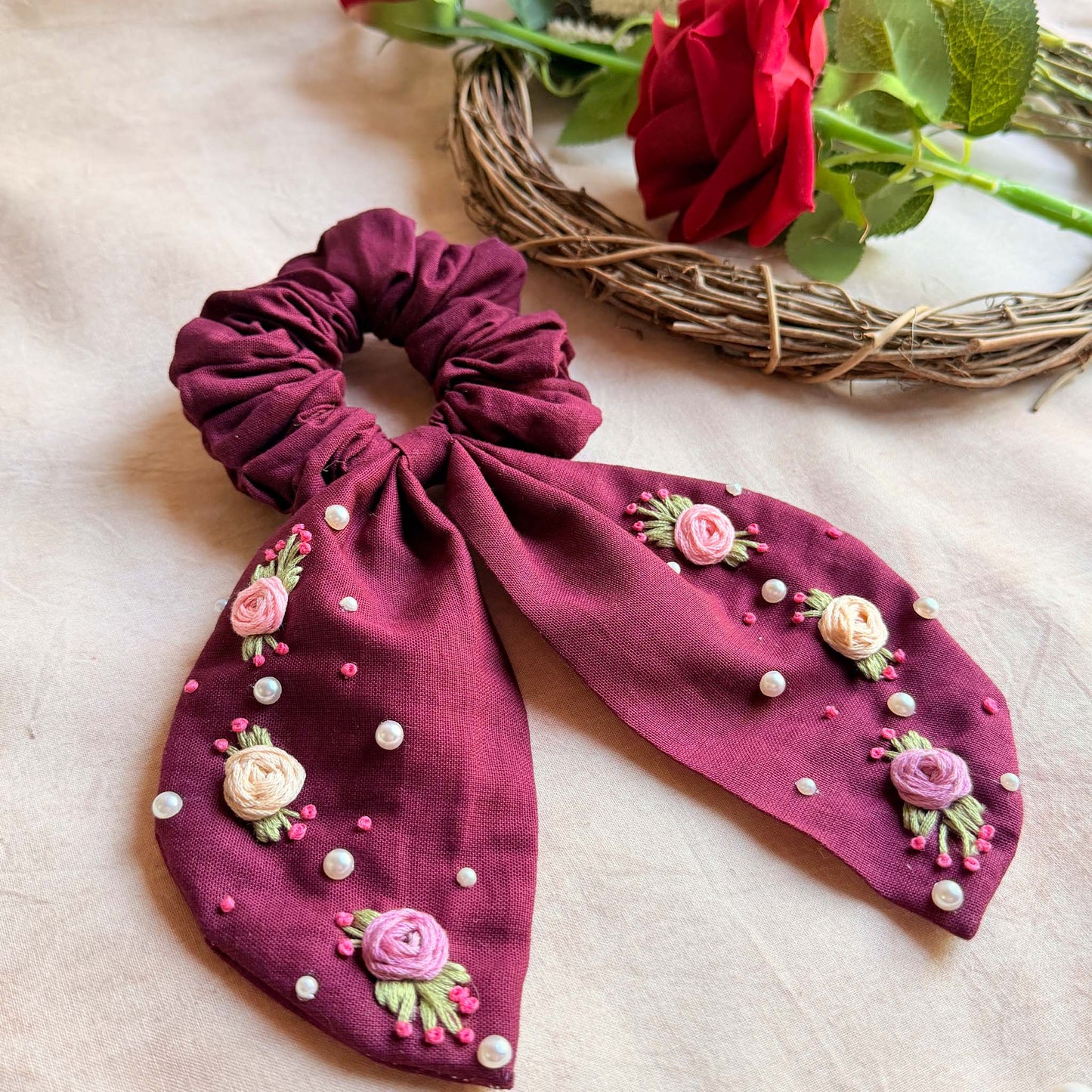 Wine Bloom Embroidered Pearl Scrunchie Bow