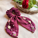 Wine Bloom Embroidered Pearl Scrunchie Bow