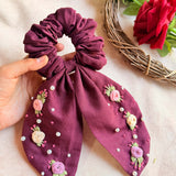 Wine Bloom Embroidered Pearl Scrunchie Bow