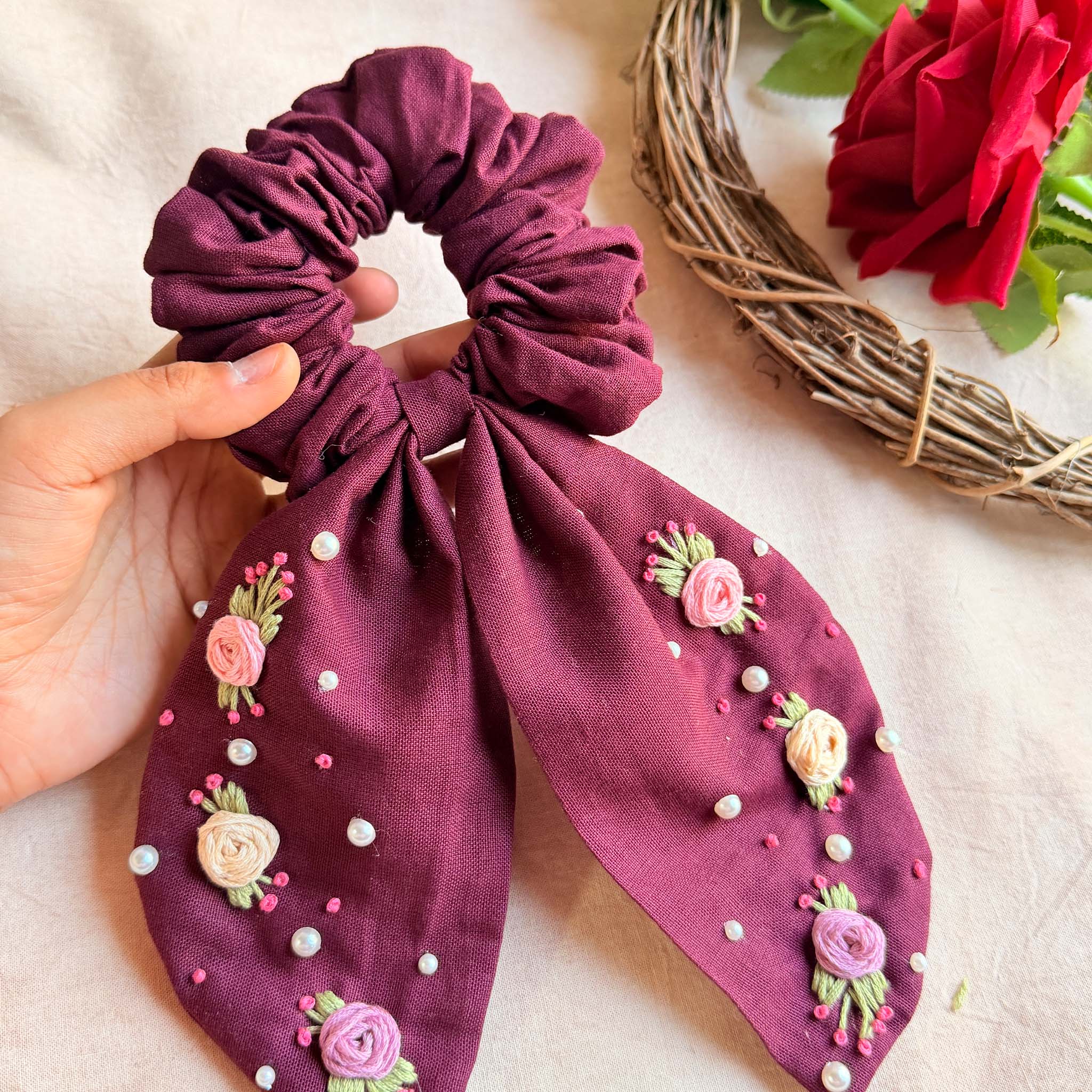 Wine Bloom Embroidered Pearl Scrunchie Bow