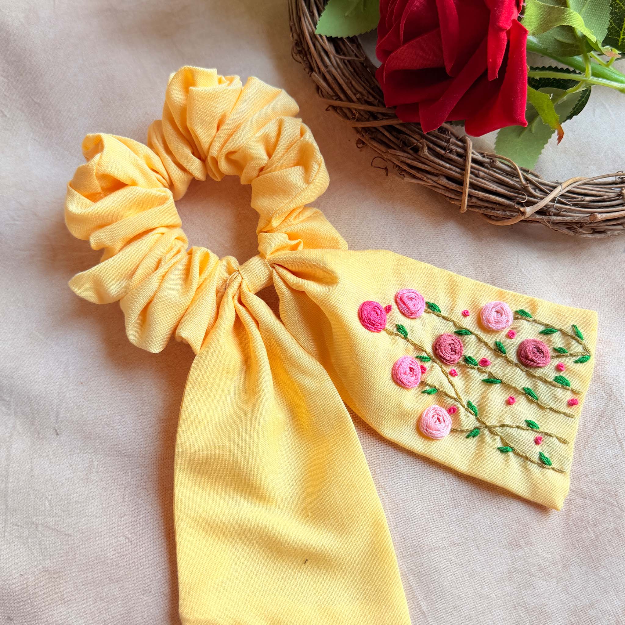 Lemon Garden Embroidered Scrunchie Bow